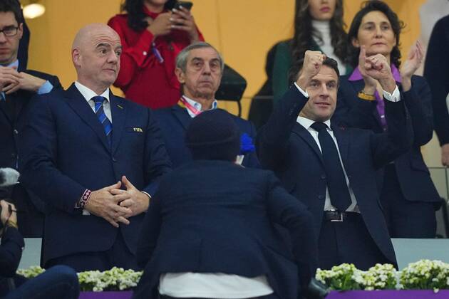 Mandatory Credit: Photo by Javier Garcia Shutterstock (13661842k) Emmanuel Macron, President of France with FIFA President Gianni Infantino before the start of the match France v Morocco, FIFA World Cup, WM, Weltmeisterschaft, Fussball 2022, Semi Final, Football, Al Bayt Stadium, Al Khor, Qatar - 14 Dec 2022 Editorial Use Only France v Morocco, FIFA World Cup 2022, Semi Final, Football, Al Bayt Stadium, Al Khor, Qatar - 14 Dec 2022 Editorial Use Only Copyright: xJavierxGarcia Shutterstockx 13661842k