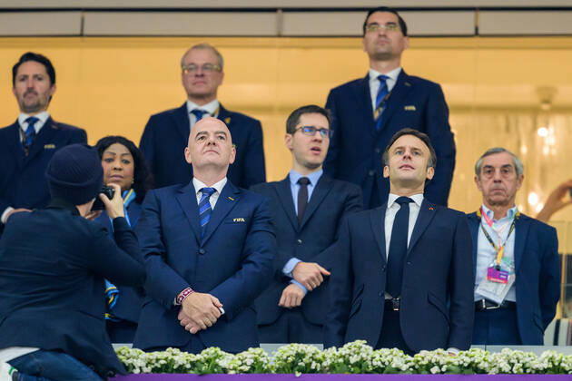 221214 Gianni Infantino, FIFA President, and Emmanuel Macron, President of France, during the FIFA World Cup, WM, Weltmeisterschaft, Fussball 2022 semifinal between France and Morocco on December 14, 2022 in Doha. Photo: Joel Marklund BILDBYRAN kod JM JM0412 bbeng fotboll football soccer fotball vm fotbolls-vm fotball-vm fotbolls-vm 2022 fifa world cup 2022 semifinal semi-final frankrike france marocko morocco Copyright: JOELxMARKLUND BB221214JM023