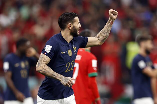 AL KHOR - Theo Hernandez of France celebrates the 1-0 during the FIFA World Cup, WM, Weltmeisterschaft, Fussball Qatar 2022 Semifinal match between France and Morocco at Al Bayt Stadium on December 14, 2022 in Al Khor, Qatar. AP Dutch Height MAURICE OF STONE FIFA World Cup Qatar 2022 2022 xVIxANPxSportx xMauricexvanxSteenxWKxIVx
