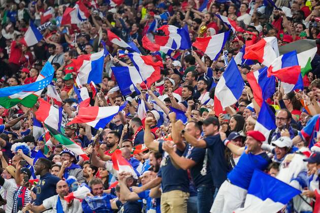 Mandatory Credit: Photo by Dave Shopland Shutterstock (13661844u) France fans celebrate in the stands France v Morocco, FIFA World Cup, WM, Weltmeisterschaft, Fussball 2022, Semi Final, Football, Al Bayt Stadium, Al Khor, Qatar - 14 Dec 2022 Editorial Use Only France v Morocco, FIFA World Cup 2022, Semi Final, Football, Al Bayt Stadium, Al Khor, Qatar - 14 Dec 2022 Editorial Use Only Copyright: xDavexShopland Shutterstockx 13661844u