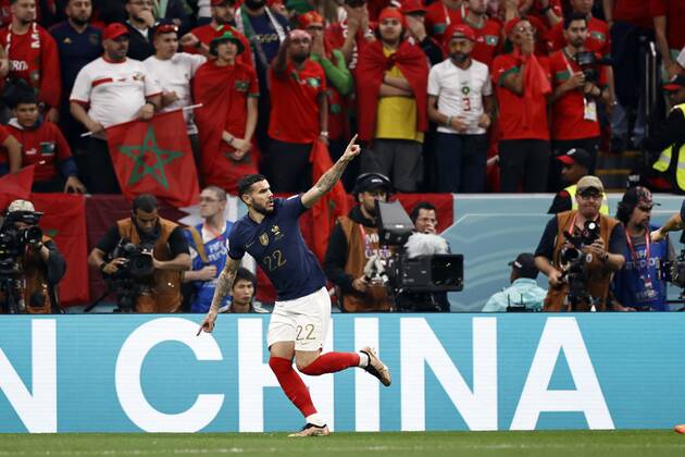 AL KHOR - Theo Hernandez of France celebrates the 1-0 during the FIFA World Cup, WM, Weltmeisterschaft, Fussball Qatar 2022 Semifinal match between France and Morocco at Al Bayt Stadium on December 14, 2022 in Al Khor, Qatar. AP Dutch Height MAURICE OF STONE FIFA World Cup Qatar 2022 2022 xVIxANPxSportx xMauricexvanxSteenxWKxIVx