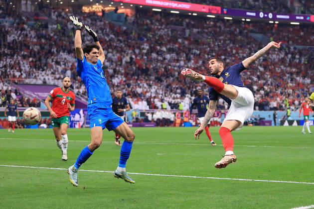Football - FIFA World Cup, WM, Weltmeisterschaft, Fussball - Semi Final - France v Morocco 14th December 2022 - FIFA World Cup - Semi Final - France v Morocco - Theo Hernandez of France scores their first goal past Morocco goalkeeper Yassine Bounou- Photo: Simon Stacpoole Offside. Al Khor Qatar Copyright: xSimonxStacpoolexOffside