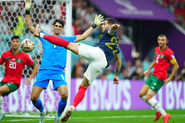 Mandatory Credit: Photo by Javier Garcia Shutterstock (13661842n) Theo Hernandez of France scores the 1st goal France v Morocco, FIFA World Cup, WM, Weltmeisterschaft, Fussball 2022, Semi Final, Football, Al Bayt Stadium, Al Khor, Qatar - 14 Dec 2022 Editorial Use Only France v Morocco, FIFA World Cup 2022, Semi Final, Football, Al Bayt Stadium, Al Khor, Qatar - 14 Dec 2022 Editorial Use Only Copyright: xJavierxGarcia Shutterstockx 13661842n