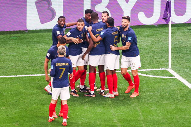 QATAR, AL KHOR - DECEMBER 14, 2022: France s players celebrate scoring in their 2022 FIFA World Cup, WM, Weltmeisterschaft, Fussball semi-final football match against Morocco at Al-Bayt Stadium. Sergei Bobylev TASS  56420019