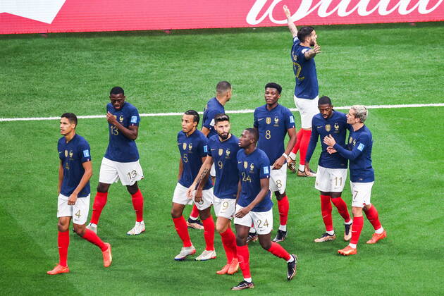 QATAR, AL KHOR - DECEMBER 14, 2022: France s players celebrate scoring in their 2022 FIFA World Cup, WM, Weltmeisterschaft, Fussball semi-final football match against Morocco at Al-Bayt Stadium. Sergei Bobylev TASS  56420022