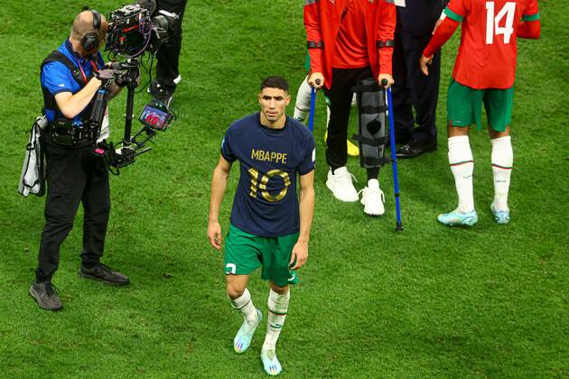 Mandatory Credit: Photo by Kieran McManus Shutterstock (13661836ct) Achraf Hakimi of Morocco with the shirt of Kylian Mbappe of France at the end of the match France v Morocco, FIFA World Cup, WM, Weltmeisterschaft, Fussball 2022, Semi Final, Football, Al Bayt Stadium, Al Khor, Qatar - 14 Dec 2022 Editorial Use Only France v Morocco, FIFA World Cup 2022, Semi Final, Football, Al Bayt Stadium, Al Khor, Qatar - 14 Dec 2022 Editorial Use Only Copyright: xKieranxMcManus Shutterstockx 13661836ct