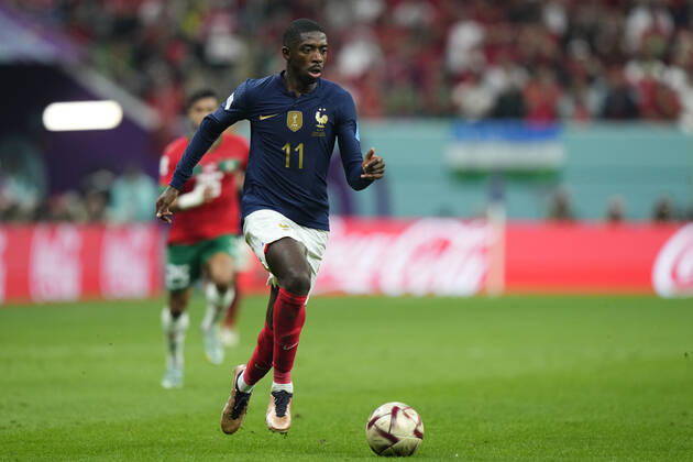 France v Morocco: Semi Final - FIFA World Cup, WM, Weltmeisterschaft, Fussball Qatar 2022 Ousmane Dembele right winger of France and FC Barcelona, Barca runs with the ball during the FIFA World Cup Qatar 2022 semi final match between France and Morocco at Al Bayt Stadium on December 14, 2022 in Al Khor, Qatar. Al Khor Qatar Copyright: xJosexBretonx originalFilename:breton-francevm221214_npdJ2