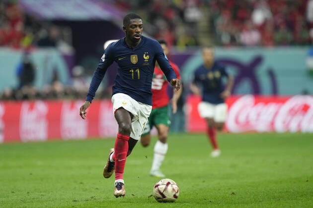 France v Morocco: Semi Final - FIFA World Cup, WM, Weltmeisterschaft, Fussball Qatar 2022 Ousmane Dembele right winger of France and FC Barcelona, Barca runs with the ball during the FIFA World Cup Qatar 2022 semi final match between France and Morocco at Al Bayt Stadium on December 14, 2022 in Al Khor, Qatar. Al Khor Qatar Copyright: xJosexBretonx originalFilename:breton-francevm221214_npIUv