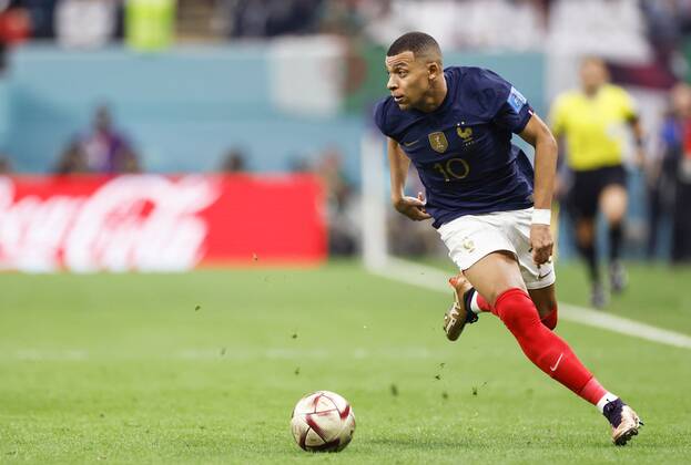 Football World Cup in Qatar France s Kylian Mbappe dribbles the during the second half of a World Cup semifinal football match against Morocco at Al-Bayt Stadium in Al Khor, Qatar, on Dec. 14, 2022.  A14AA0001376037P 