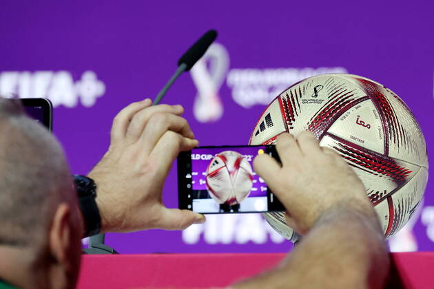 QATAR, DOHA - DECEMBER 16, 2022: The Adidas Al Hilm football, the official match ball for the upcoming 2022 FIFA World Cup, WM, Weltmeisterschaft, Fussball final between France and Argentina, is pictured at a final press conference, PK, Pressekonferenz by FIFA President Gianni Infantino at the main media center. The 2022 FIFA World Cup takes place in Qatar from November 20 to December 18, 2022. Sergei Bobylev TASS 56444466