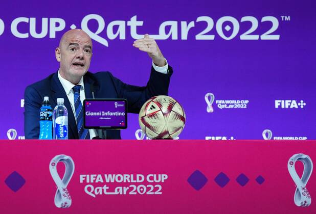 Mandatory Credit: Photo by Javier Garcia Shutterstock (13670212y) FIFA President Gianni Infantino speaks during the press conference, PK, Pressekonferenz FIFA Press Conference, FIFA World Cup, WM, Weltmeisterschaft, Fussball 2022, Football, Qatar National Convention Centre, Doha, Qatar - 16 Dec 2022 Editorial Use Only FIFA Press Conference, FIFA World Cup 2022, Football, Qatar National Convention Centre, Doha, Qatar - 16 Dec 2022 Editorial Use Only Copyright: xJavierxGarcia Shutterstockx 13670212y