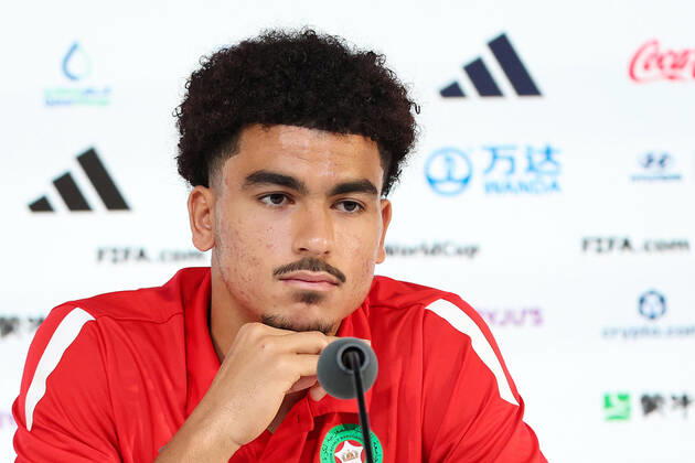 QATAR 2022 - Morocco press conference, PK, Pressekonferenz Player Zakaria Aboukhlal during Media conference of the Moroccan national football team on the eve of the match for third place between Croatia and Morocco at the World Cup in Qatar, at Qatar National Convention Centre, QNCC, Doha, Qatar, on December 16, 2022, GoranxStanzl PIXSELL