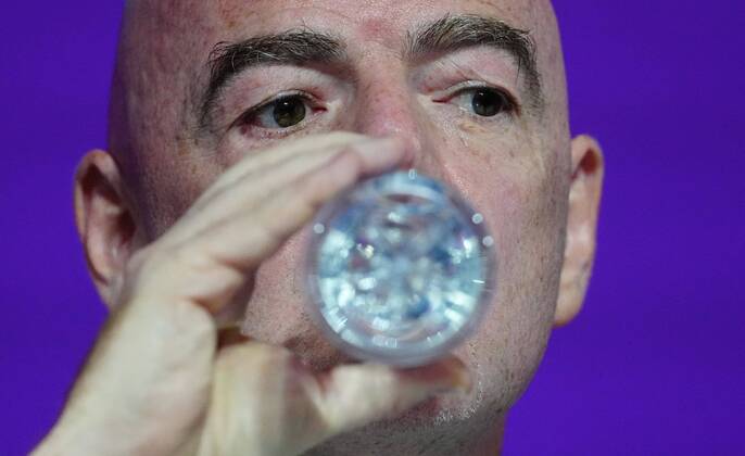 Mandatory Credit: Photo by Javier Garcia Shutterstock (13670212bl) FIFA President Gianni Infantino drinks water during the press conference, PK, Pressekonferenz FIFA Press Conference, FIFA World Cup, WM, Weltmeisterschaft, Fussball 2022, Football, Qatar National Convention Centre, Doha, Qatar - 16 Dec 2022 Editorial Use Only FIFA Press Conference, FIFA World Cup 2022, Football, Qatar National Convention Centre, Doha, Qatar - 16 Dec 2022 Editorial Use Only Copyright: xJavierxGarcia Shutterstockx 13670212bl