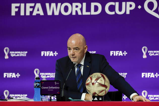 FIFA s President, Swiss Gianni Infantino, addresses a press conference, PK, Pressekonferenz in Doha, Qatar, 16 December 2022. Infantino said that FIFA s World Cup Qatar 2022 has been a great success . The final between Argentina and France is to be played on 18 December, and the match for the third and fourth place between Croatia and Morocco, on 17 December. Gianni Infantino s press conference !ACHTUNG: NUR REDAKTIONELLE NUTZUNG!  Copyright: xAlbertoxEstevezx EVE2294 20221216-c8494d69cb3dc7833d8391348c01a7dfcb0c09b1