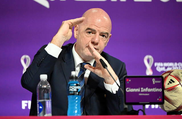 Fussball, Herren, Saison 2022 23, WM in Katar, Doha, Pressekonferenz im Medienzentrum im Qatar National Convention Centre (QNCC), FIFA-Präsident Gianni Infantino, 16.12. 2022, Copyright: xMatthiasxKochx