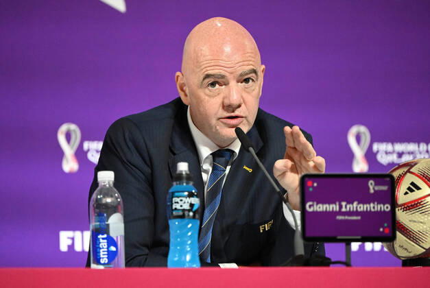 Fussball, Herren, Saison 2022 23, WM in Katar, Doha, Pressekonferenz im Medienzentrum im Qatar National Convention Centre (QNCC), FIFA-Präsident Gianni Infantino, 16.12. 2022, Copyright: xMatthiasxKochx