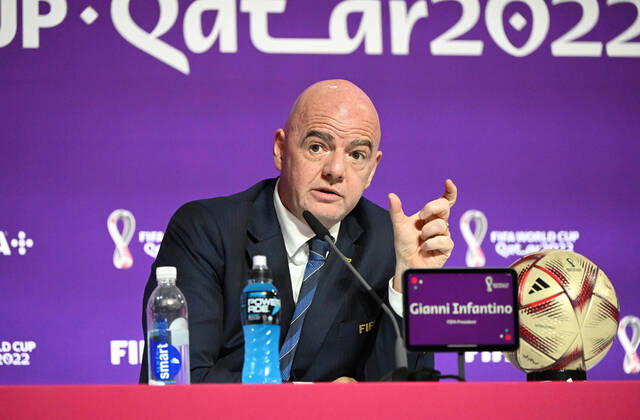 Fussball, Herren, Saison 2022 23, WM in Katar, Doha, Pressekonferenz im Medienzentrum im Qatar National Convention Centre (QNCC), FIFA-Präsident Gianni Infantino, 16.12. 2022, Copyright: xMatthiasxKochx