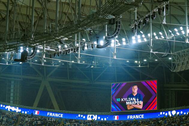 Mandatory Credit: Photo by Javier Garcia Shutterstock (13670815af) An image of Kylian Mbappe of France on the stadium video screen Argentina v France, FIFA World Cup, WM, Weltmeisterschaft, Fussball 2022, Final, Football, Lusail Stadium, Al Daayen, Qatar - 18 Dec 2022 Editorial Use Only Argentina v France, FIFA World Cup 2022, Final, Football, Lusail Stadium, Al Daayen, Qatar - 18 Dec 2022 Editorial Use Only Copyright: xJavierxGarcia Shutterstockx 13670815af
