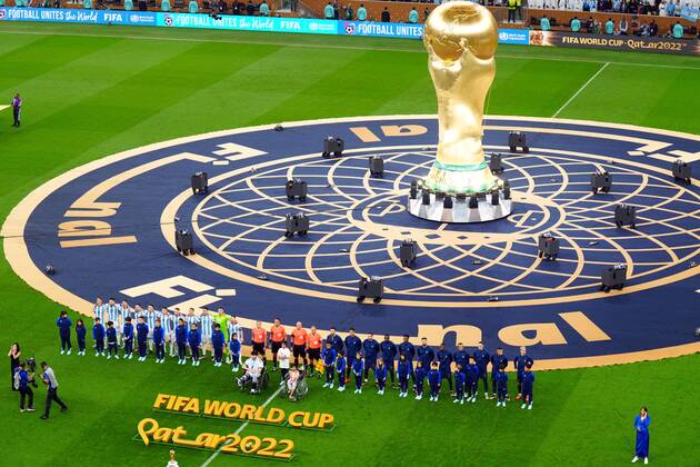 Mandatory Credit: Photo by Javier Garcia Shutterstock (13670815at) Argentina and France teams line-up ahead of kick-off Argentina v France, FIFA World Cup, WM, Weltmeisterschaft, Fussball 2022, Final, Football, Lusail Stadium, Al Daayen, Qatar - 18 Dec 2022 Editorial Use Only Argentina v France, FIFA World Cup 2022, Final, Football, Lusail Stadium, Al Daayen, Qatar - 18 Dec 2022 Editorial Use Only Copyright: xJavierxGarcia Shutterstockx 13670815at