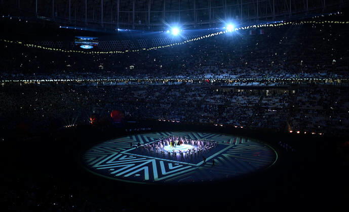 (221218) -- LUSAIER, Dec. 18, 2022 -- Artists perform during the closing ceremony prior to the Final between Argentina and France at the 2022 FIFA World Cup, WM, Weltmeisterschaft, Fussball at Lusail Stadium in Lusail, Qatar, Dec. 18, 2022. ) (SP)QATAR-LUSAIL-2022 WORLD CUP-FINAL-ARG VS FRA XiaoxYijiu