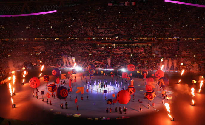 (221218) -- LUSAIER, Dec. 18, 2022 -- Artists perform during the closing ceremony prior to the Final between Argentina and France at the 2022 FIFA World Cup, WM, Weltmeisterschaft, Fussball at Lusail Stadium in Lusail, Qatar, Dec. 18, 2022. ) (SP)QATAR-LUSAIL-2022 WORLD CUP-FINAL-ARG VS FRA XuxZijian