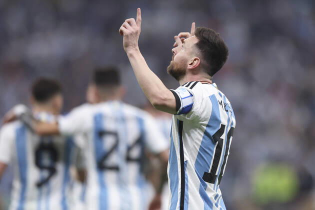 (221218) -- LUSAIER, Dec. 18, 2022 -- Lionel Messi of Argentina celebrates his goal during the Final between Argentina and France at the 2022 FIFA World Cup, WM, Weltmeisterschaft, Fussball at Lusail Stadium in Lusail, Qatar, Dec. 18, 2022. ) (SP)QATAR-LUSAIL-2022 WORLD CUP-FINAL-ARG VS FRA LixMing
