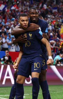 Doha, Qatar, 18th December 2022. Kylan Mbappe of France celebrates scoring their second goal the equaliser during the FIFA World Cup, WM, Weltmeisterschaft, Fussball 2022 match at Lusail Stadium, Doha. Picture credit should read: David Klein Sportimage EDITORIAL USE ONLY. No use with unauthorised audio, video, data, fixture lists, club league logos or live services. Online in-match use limited to 120 images, no video emulation. No use in betting, games or single club league player publications. SPI-2101-0150