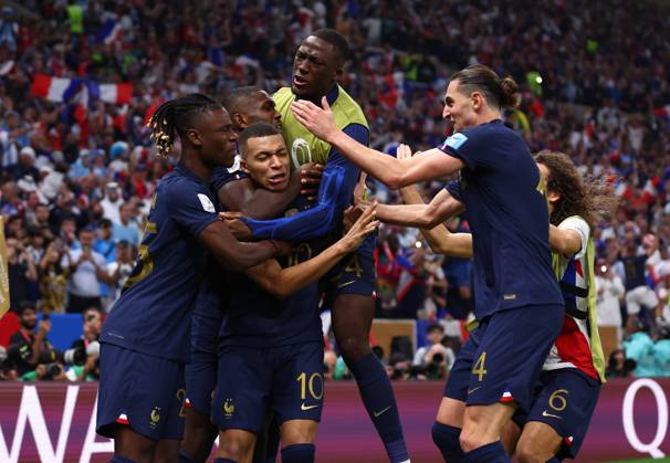 Doha, Qatar, 18th December 2022. Kylan Mbappe of France celebrates scoring their second goal the equaliser during the FIFA World Cup, WM, Weltmeisterschaft, Fussball 2022 match at Lusail Stadium, Doha. Picture credit should read: David Klein Sportimage EDITORIAL USE ONLY. No use with unauthorised audio, video, data, fixture lists, club league logos or live services. Online in-match use limited to 120 images, no video emulation. No use in betting, games or single club league player publications. SPI-2101-0151