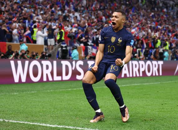 Doha, Qatar, 18th December 2022. Kylan Mbappe of France celebrates scoring their second goal the equaliser during the FIFA World Cup, WM, Weltmeisterschaft, Fussball 2022 match at Lusail Stadium, Doha. Picture credit should read: David Klein Sportimage EDITORIAL USE ONLY. No use with unauthorised audio, video, data, fixture lists, club league logos or live services. Online in-match use limited to 120 images, no video emulation. No use in betting, games or single club league player publications. SPI-2101-0154