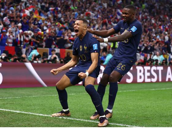 Doha, Qatar, 18th December 2022. Kylan Mbappe of France celebrates scoring their second goal the equaliser during the FIFA World Cup, WM, Weltmeisterschaft, Fussball 2022 match at Lusail Stadium, Doha. Picture credit should read: David Klein Sportimage EDITORIAL USE ONLY. No use with unauthorised audio, video, data, fixture lists, club league logos or live services. Online in-match use limited to 120 images, no video emulation. No use in betting, games or single club league player publications. SPI-2101-0155