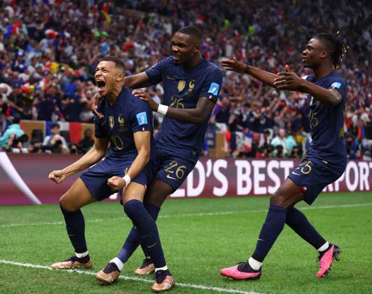Doha, Qatar, 18th December 2022. Kylan Mbappe of France celebrates scoring their second goal the equaliser during the FIFA World Cup, WM, Weltmeisterschaft, Fussball 2022 match at Lusail Stadium, Doha. Picture credit should read: David Klein Sportimage EDITORIAL USE ONLY. No use with unauthorised audio, video, data, fixture lists, club league logos or live services. Online in-match use limited to 120 images, no video emulation. No use in betting, games or single club league player publications. SPI-2101-0158