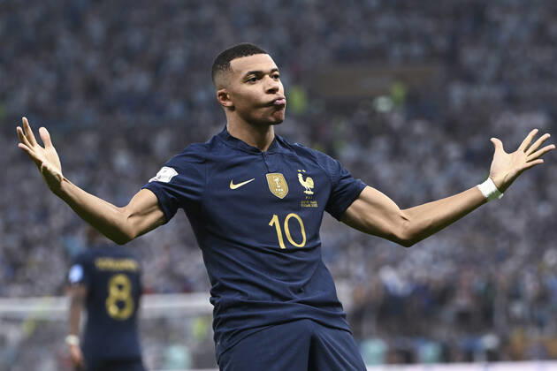 (221218) -- LUSAIER, Dec. 18, 2022 -- Kylian Mbappe of France celebrates his goal during the Final between Argentina and France at the 2022 FIFA World Cup, WM, Weltmeisterschaft, Fussball at Lusail Stadium in Lusail, Qatar, Dec. 18, 2022. ) (SP)QATAR-LUSAIL-2022 WORLD CUP-FINAL-ARG VS FRA LixGa