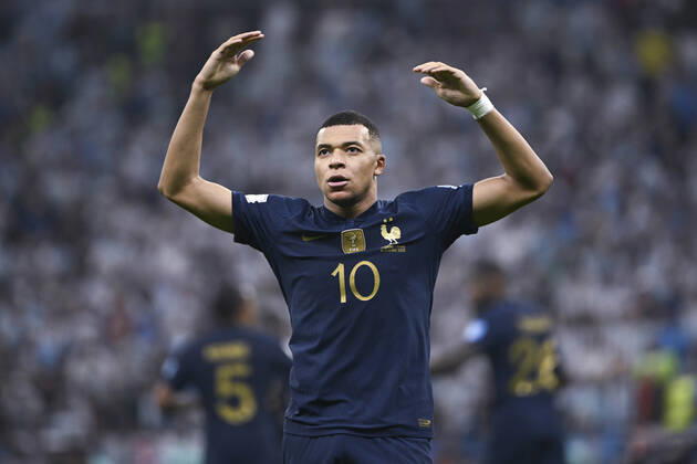 (221218) -- LUSAIER, Dec. 18, 2022 -- Kylian Mbappe of France celebrates his goal during the Final between Argentina and France at the 2022 FIFA World Cup, WM, Weltmeisterschaft, Fussball at Lusail Stadium in Lusail, Qatar, Dec. 18, 2022. ) (SP)QATAR-LUSAIL-2022 WORLD CUP-FINAL-ARG VS FRA LixGa
