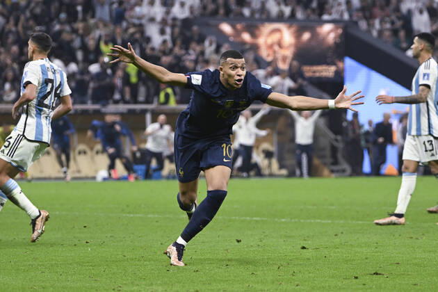 (221218) -- LUSAIER, Dec. 18, 2022 -- Kylian Mbappe of France celebrates his goal during the Final between Argentina and France at the 2022 FIFA World Cup, WM, Weltmeisterschaft, Fussball at Lusail Stadium in Lusail, Qatar, Dec. 18, 2022. ) (SP)QATAR-LUSAIL-2022 WORLD CUP-FINAL-ARG VS FRA LixGa