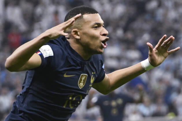 (221218) -- LUSAIER, Dec. 18, 2022 -- Kylian Mbappe of France celebrates his goal during the Final between Argentina and France at the 2022 FIFA World Cup, WM, Weltmeisterschaft, Fussball at Lusail Stadium in Lusail, Qatar, Dec. 18, 2022. ) (SP)QATAR-LUSAIL-2022 WORLD CUP-FINAL-ARG VS FRA LixGa