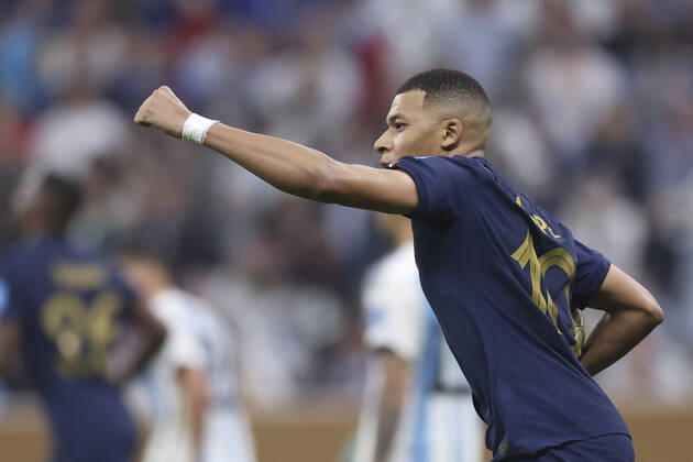 (221218) -- LUSAIER, Dec. 18, 2022 -- Kylian Mbappe of France celebrates his goal during the Final between Argentina and France at the 2022 FIFA World Cup, WM, Weltmeisterschaft, Fussball at Lusail Stadium in Lusail, Qatar, Dec. 18, 2022. ) (SP)QATAR-LUSAIL-2022 WORLD CUP-FINAL-ARG VS FRA LixMing