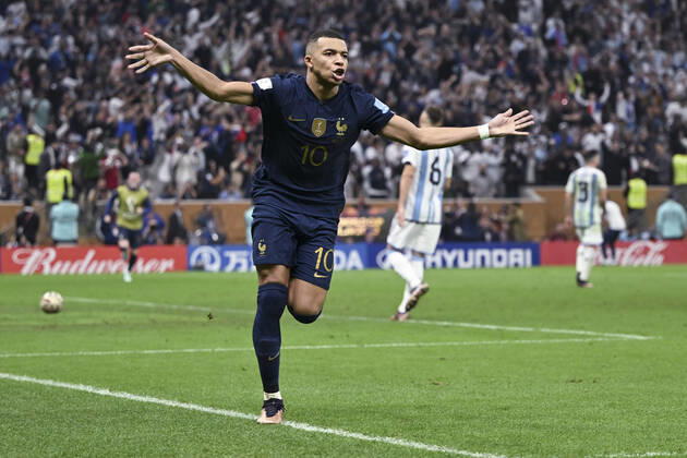 (221218) -- LUSAIER, Dec. 18, 2022 -- Kylian Mbappe of France celebrates his goal during the Final between Argentina and France at the 2022 FIFA World Cup, WM, Weltmeisterschaft, Fussball at Lusail Stadium in Lusail, Qatar, Dec. 18, 2022. ) (SP)QATAR-LUSAIL-2022 WORLD CUP-FINAL-ARG VS FRA LixGa