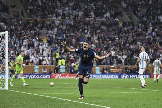 (221218) -- LUSAIER, Dec. 18, 2022 -- Kylian Mbappe of France celebrates his goal during the Final between Argentina and France at the 2022 FIFA World Cup, WM, Weltmeisterschaft, Fussball at Lusail Stadium in Lusail, Qatar, Dec. 18, 2022. ) (SP)QATAR-LUSAIL-2022 WORLD CUP-FINAL-ARG VS FRA LixGa