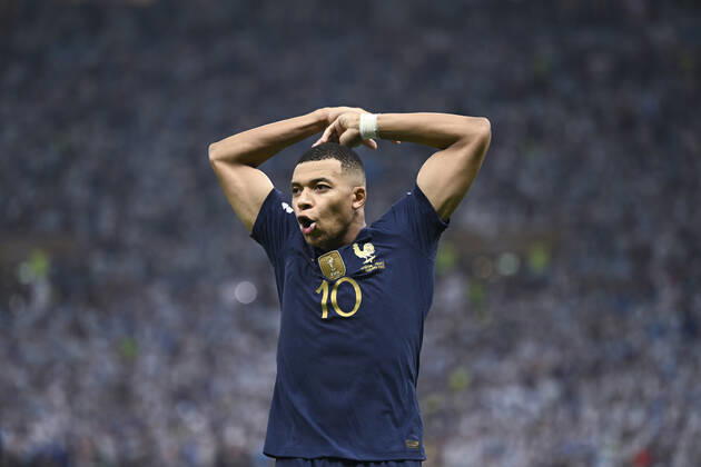 (221218) -- LUSAIER, Dec. 18, 2022 -- Kylian Mbappe of France celebrates his goal during the Final between Argentina and France at the 2022 FIFA World Cup, WM, Weltmeisterschaft, Fussball at Lusail Stadium in Lusail, Qatar, Dec. 18, 2022. ) (SP)QATAR-LUSAIL-2022 WORLD CUP-FINAL-ARG VS FRA LixGa