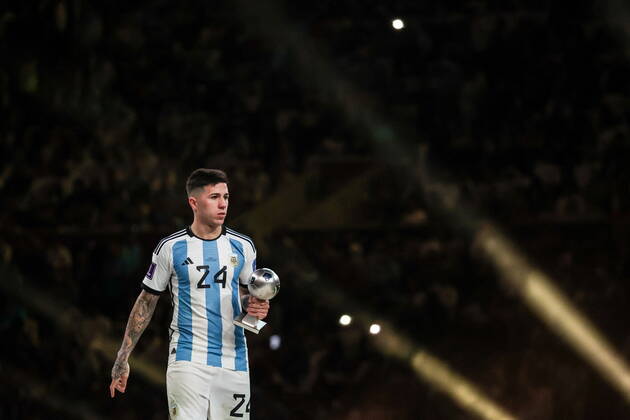 QATAR, LUSAIL - DECEMBER 18, 2022: Argentina s player captain Enzo Fernandez is seen during the trophy ceremony for the 2022 FIFA World Cup, WM, Weltmeisterschaft, Fussball final football match between Argentina and France at Lusail Iconic Stadium. Argentina won 3-3 (4-2) in a penalty shootout. Sergei Bobylev TASS  56487228
