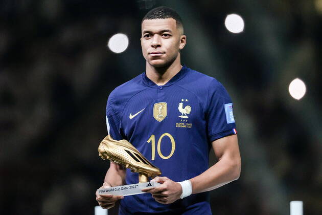 QATAR, LUSAIL - DECEMBER 18, 2022: France captain Kylian Mbappe is seen during the trophy ceremony for the 2022 FIFA World Cup, WM, Weltmeisterschaft, Fussball final football match between Argentina and France at Lusail Iconic Stadium. Argentina won 3-3 (4-2) in a penalty shootout. Sergei Bobylev TASS  56487246