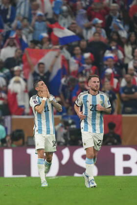 LUSAIL, QATAR - DECEMBER 18: Player of Argentina Ãngel Di Maria celebrates after scoring a goal during the FIFA World Cup, WM, Weltmeisterschaft, Fussball Qatar 2022 Final match between Argentina and France at Lusail Stadium on December 18, 2022 in Lusail, Qatar. (Photo by Florencia Tan Jun PxImages Icon Sportswire) SOCCER: DEC 18 FIFA World Cup Final - France v Argentina Icon2212181461