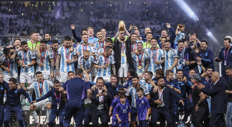 (221218) -- LUSAIL, Dec. 18, 2022 -- Winner Team Argentina celebrate during the awarding ceremony of the 2022 FIFA World Cup, WM, Weltmeisterschaft, Fussball at Lusail Stadium in Lusail, Qatar, Dec. 18, 2022. ) (SP)QATAR-LUSAIL-2022 WORLD CUP-FINAL-ARG VS FRA CaoxCan 