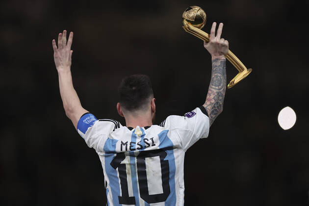(221218) -- LUSAIL, Dec. 18, 2022 -- Lionel Messi of Argentina celebrates his golden ball award during the awarding ceremony of the 2022 FIFA World Cup, WM, Weltmeisterschaft, Fussball at Lusail Stadium in Lusail, Qatar, Dec. 18, 2022. ) (SP)QATAR-LUSAIL-2022 WORLD CUP-FINAL-ARG VS FRA CaoxCan 