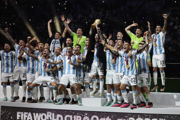 December 18 2022 - Doha, Qatar : Soccer World Cup Qatar 2022 Final match France vs Argentina. France?s X (blue shirt) battling Argentina?s Y (white-blue shirt) seen here. (Photo Henri Szwarc Starface) 286987 2022-12-18 Doha Qatar  Copyright: xHenrixSwzarcx xStarfacex 0196844850st