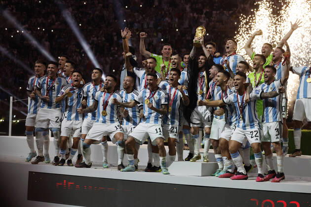 December 18 2022 - Doha, Qatar : Soccer World Cup Qatar 2022 Final match France vs Argentina. France?s X (blue shirt) battling Argentina?s Y (white-blue shirt) seen here. (Photo Henri Szwarc Starface) 286987 2022-12-18 Doha Qatar  Copyright: xHenrixSwzarcx xStarfacex 0196844875st