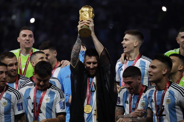December 18 2022 - Doha, Qatar : Soccer World Cup Qatar 2022 Final match France vs Argentina. France?s X (blue shirt) battling Argentina?s Y (white-blue shirt) seen here. (Photo Henri Szwarc Starface) 286987 2022-12-18 Doha Qatar  Copyright: xHenrixSwzarcx xStarfacex 0196844900st