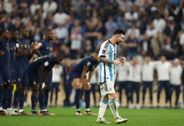 (221218) -- LUSAIL, Dec. 18, 2022 -- Lionel Messi of Argentina celebrates during the penalty shoot-out of the Final between Argentina and France at the 2022 FIFA World Cup, WM, Weltmeisterschaft, Fussball at Lusail Stadium in Lusail, Qatar, Dec. 18, 2022. ) (SP)QATAR-LUSAIL-2022 WORLD CUP-FINAL-ARG VS FRA WangxLili