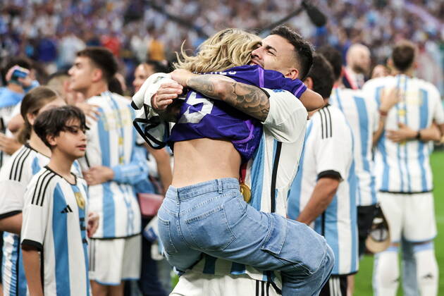 QATAR, LUSAIL - DECEMBER 18, 2022: Argentina s player Leandro Paredes (R front) celebrates after the trophy ceremony for the 2022 FIFA World Cup, WM, Weltmeisterschaft, Fussball final football match between Argentina and France at Lusail Iconic Stadium. Argentina won 3-3 (4-2) in a penalty shootout. Sergei Bobylev TASS  56489503