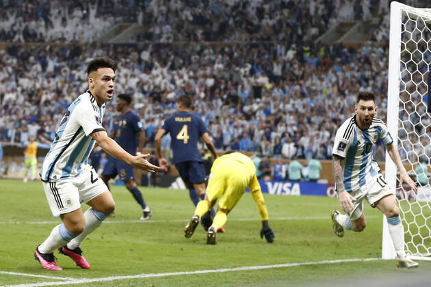 LUSAIL, QATAR - DECEMBER 18: Player of Argentina Lionel Messi celebrates after scoring a goal with Lautaro Martinez during the FIFA World Cup, WM, Weltmeisterschaft, Fussball Qatar 2022 Final match between Argentina and France at Lusail Stadium on December 18, 2022 in Lusail, Qatar. (Photo by Florencia Tan Jun PxImages Icon Sportwire) SOCCER: DEC 18 FIFA World Cup Final - France v Argentina Icon2212181578